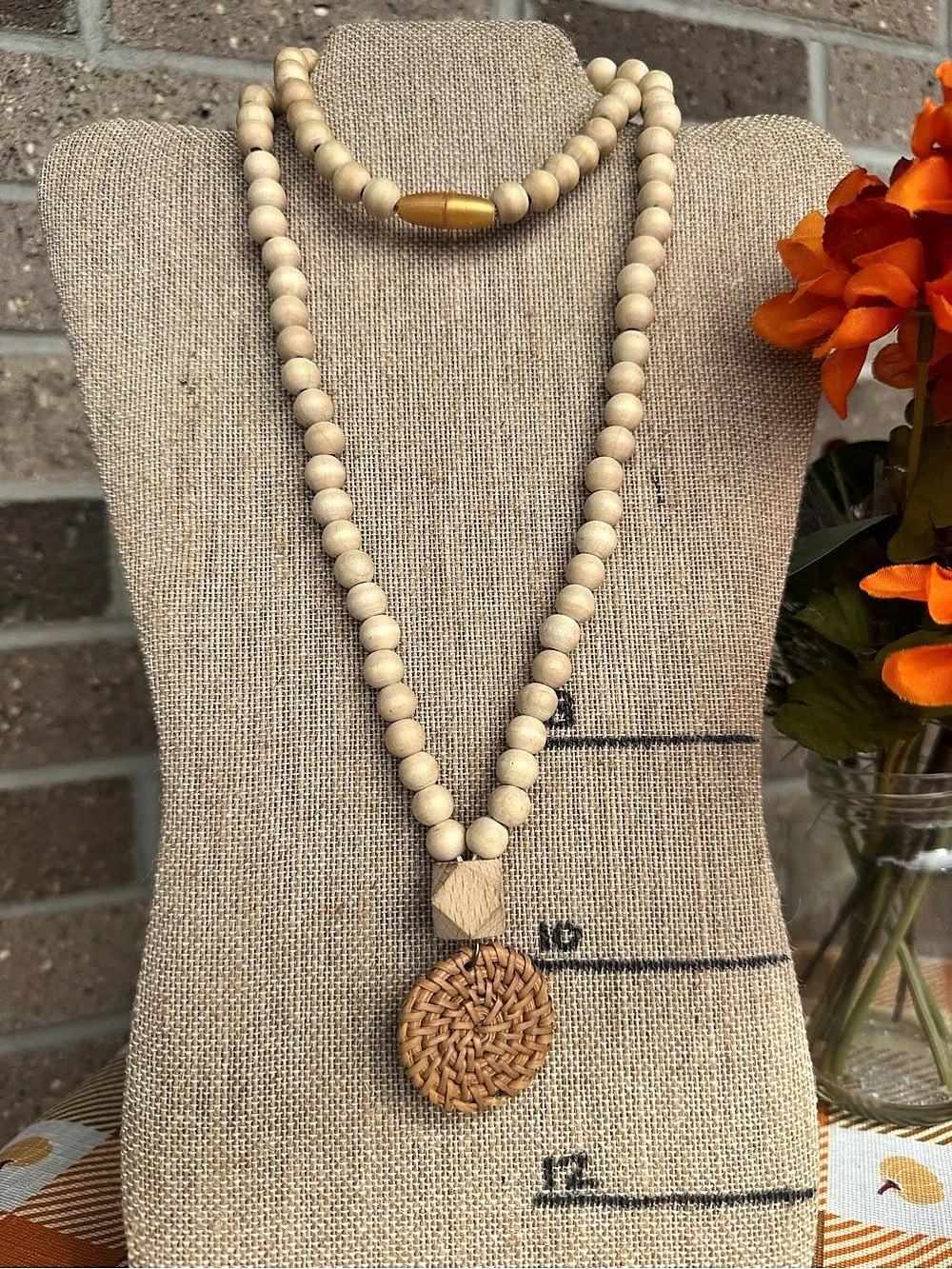 Natural Wood Bead Woven Rattan Pendant Long Boho Necklace